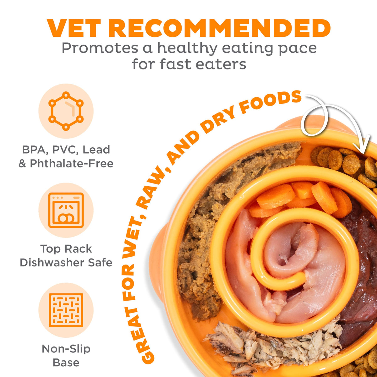 Outward Hound Fun Feeder Slo Bowl – Medium 2‑Cup Capacity, Slow Feeding, Small to Medium Dogs & Cats, Non-Slip, Orange, Swirl Pattern