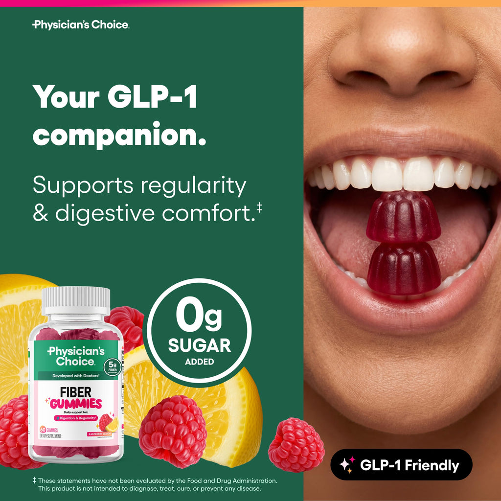 Physician's CHOICE Fiber Gummies for GLP-1 Support - No Sugar Added & Vegan - Raspberry Lemon - Natural Chicory Root Prebiotic Fiber Gummy - Digestive Health & Regularity for Women & Men - 60CT