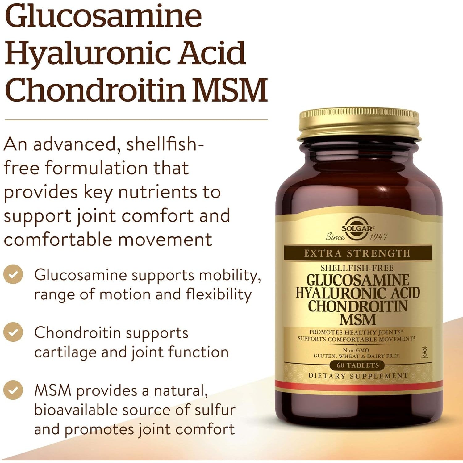 Buy now Solgar Glucosamine Hyaluronic Acid Chondroitin MSM (Shellfish-Free), 60 Tablets - Joint Support & Comfort - Supports Active Lifestyles - Non-GMO, Gluten Free, Dairy Free - 20 Servings at indiglob india