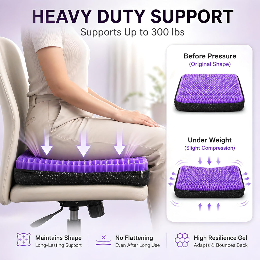 Extra Thick Large Pure Gel Seat Cushion for Long Sitting, Breathable Comfort Cushion for Back, Sciatica, Tailbone & Hip Pain Relief, Washable Portable Cushion for Office Chair, Car, Wheelchair