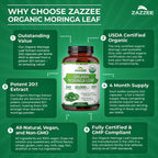 Zazzee USDA Organic Moringa Leaf 20:1 Extract, 240 Vegan Capsules | 4 Month Supply, Certified Kosher, Moringa Oleifera, Antioxidant, Immune & Cellular Support, Superfood Supplement, Made in USA