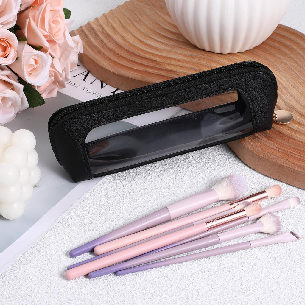 Authentic Psyqtsuary small clear makeup bag made of PU leather with a transparent zipper pocket for easy access.