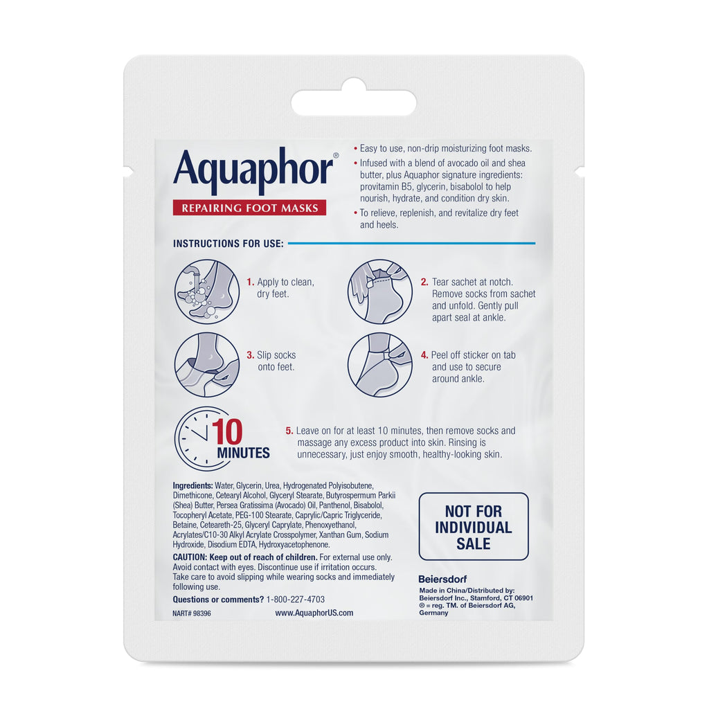 Aquaphor Advanced Therapy Repairing Foot Masks, 6 Masks x 0.7 FL OZ | Moisturizing Socks for Dry Feet, Hydrating Foot Care Treatment with Avocado Oil and Shea Butter, Paraben and Fragrance Free