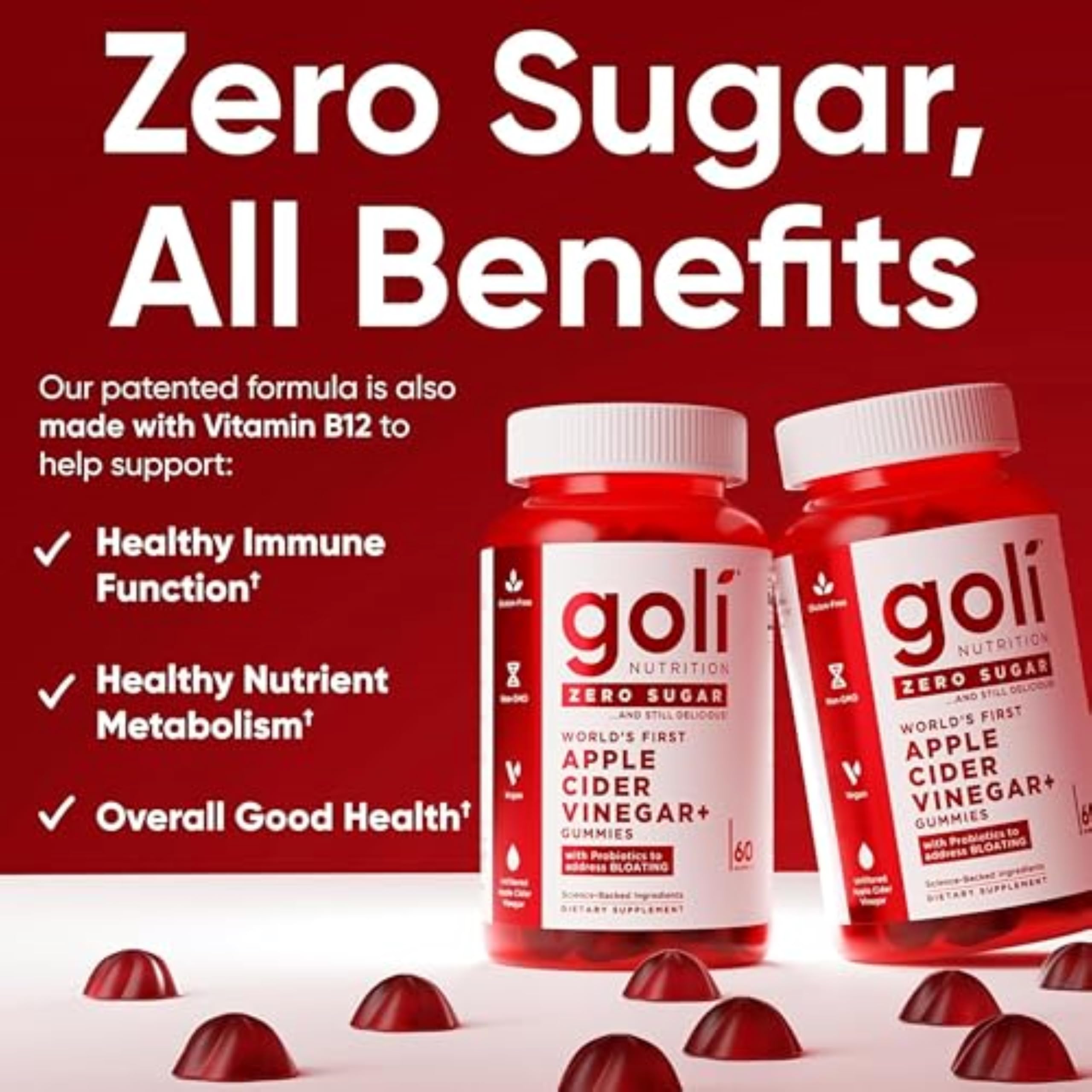 Goli Zero Sugar Apple Cider Vinegar Gummies, 60 Count Each (3 Pack, 180 Total) – ACV with Vitamin B12 & Probiotics, No Sugar Alcohols, Vegan, Keto & Gluten Free