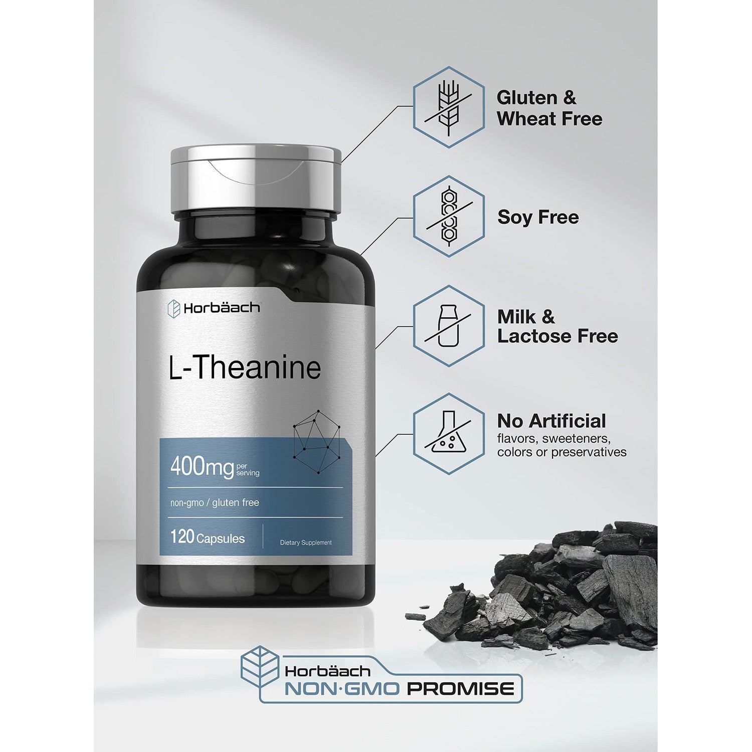 Horbäach L-Theanine Supplement | 400mg | 120 Powder Capsules | Non-GMO & Gluten Free