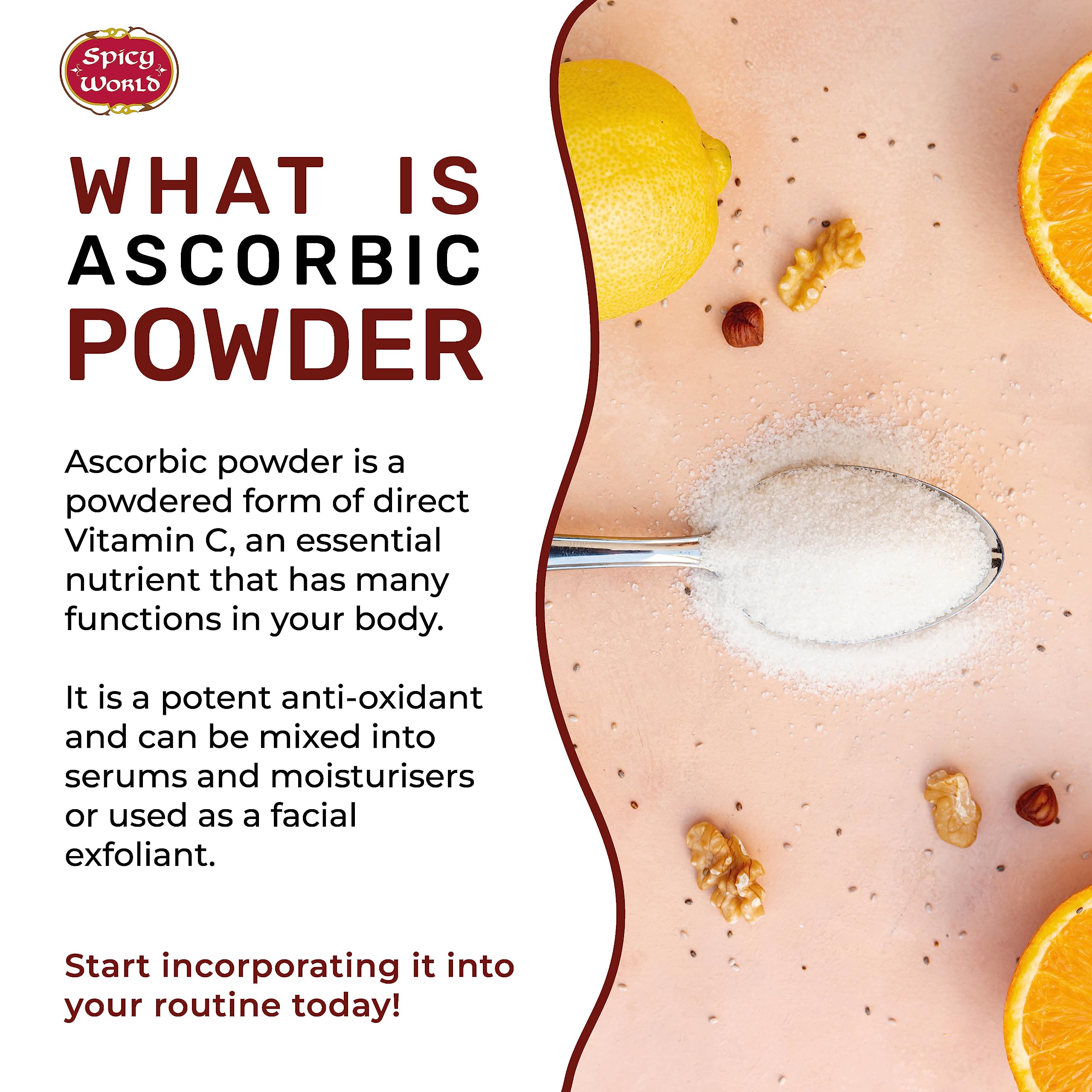 Spicy World Ascorbic Acid 1 LB Bulk Bag - Pure Vitamin C Powder - 100% Pure, Food Grade, Can be Used for Canning, Fruit, Pools - USP Grade