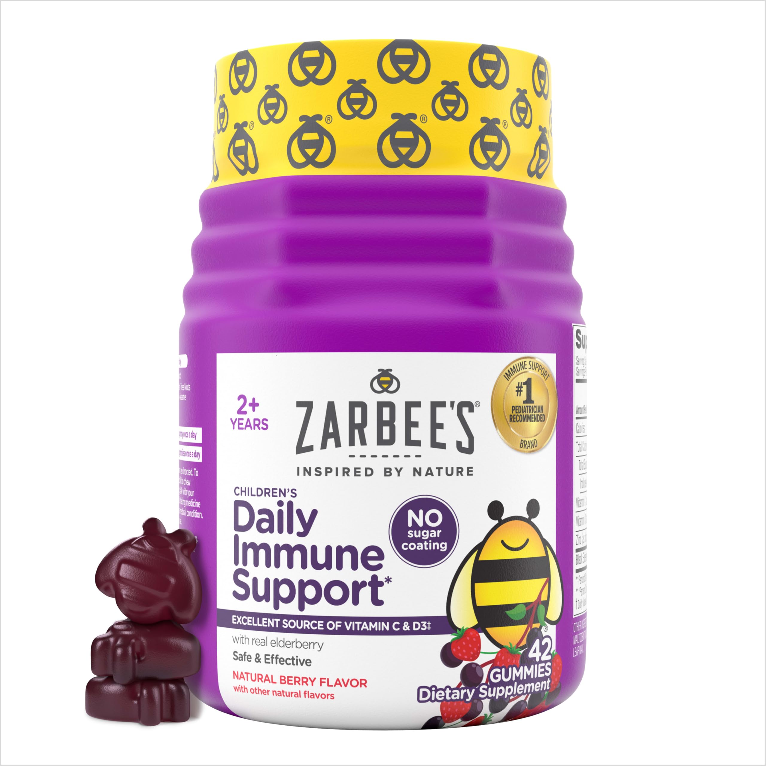 Zarbee's Kids Elderberry Immune Support Gummies, No Sugar Coating, 60 ct | For Ages 2+ Years, No Sugar Coating, Vitamins C D3 & Zinc, Elderberry, Supports Healthy Immune System, No Artificial Flavors