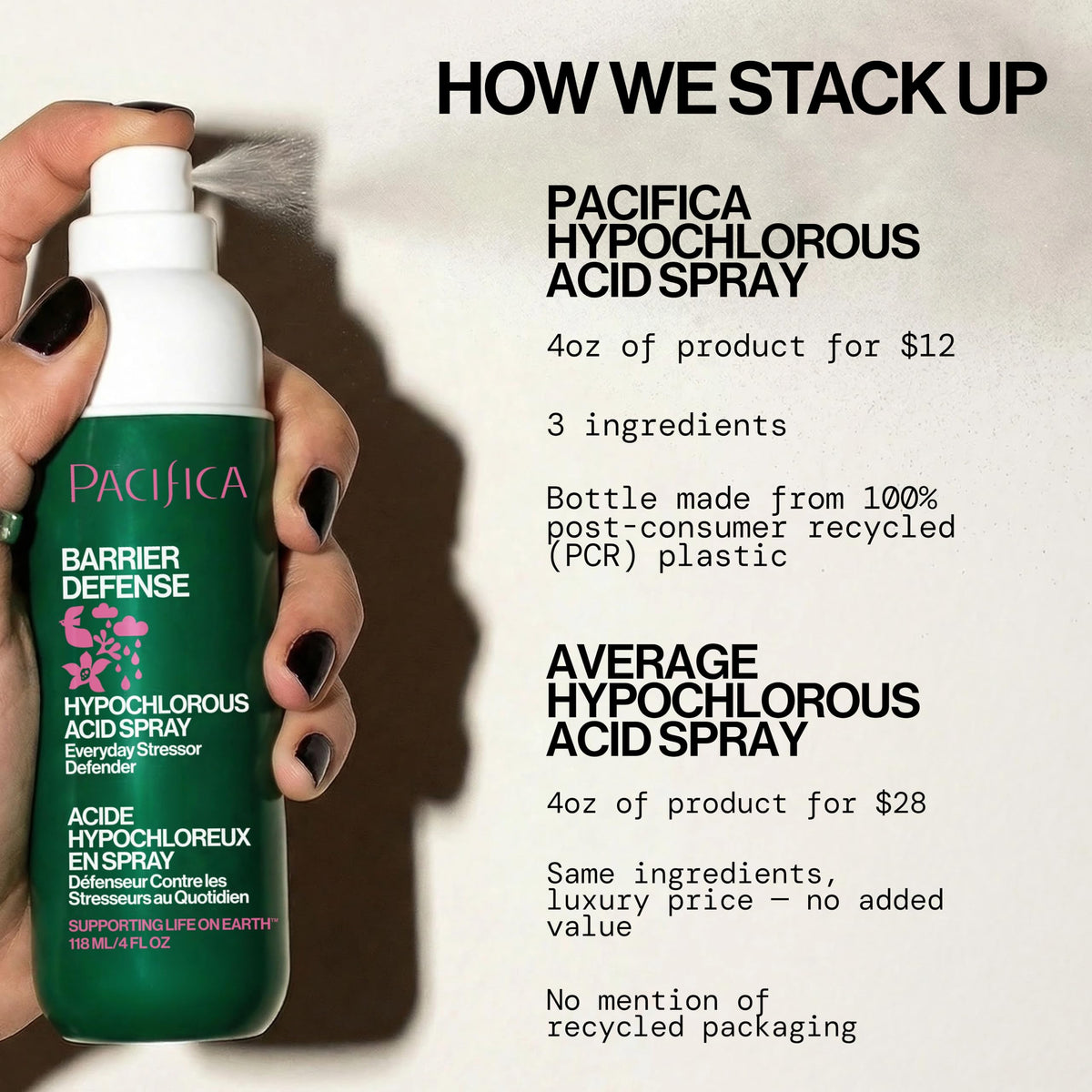 Pacifica Hypochlorous Acid Spray for Face and Skin; Barrier Defense Facial Mist | Soothe Redness, Acne, Eczema, Irritation | HOCl Non-Toxic Clean Formula Facial Cleanser Spray | Fragrance-Free, Vegan
