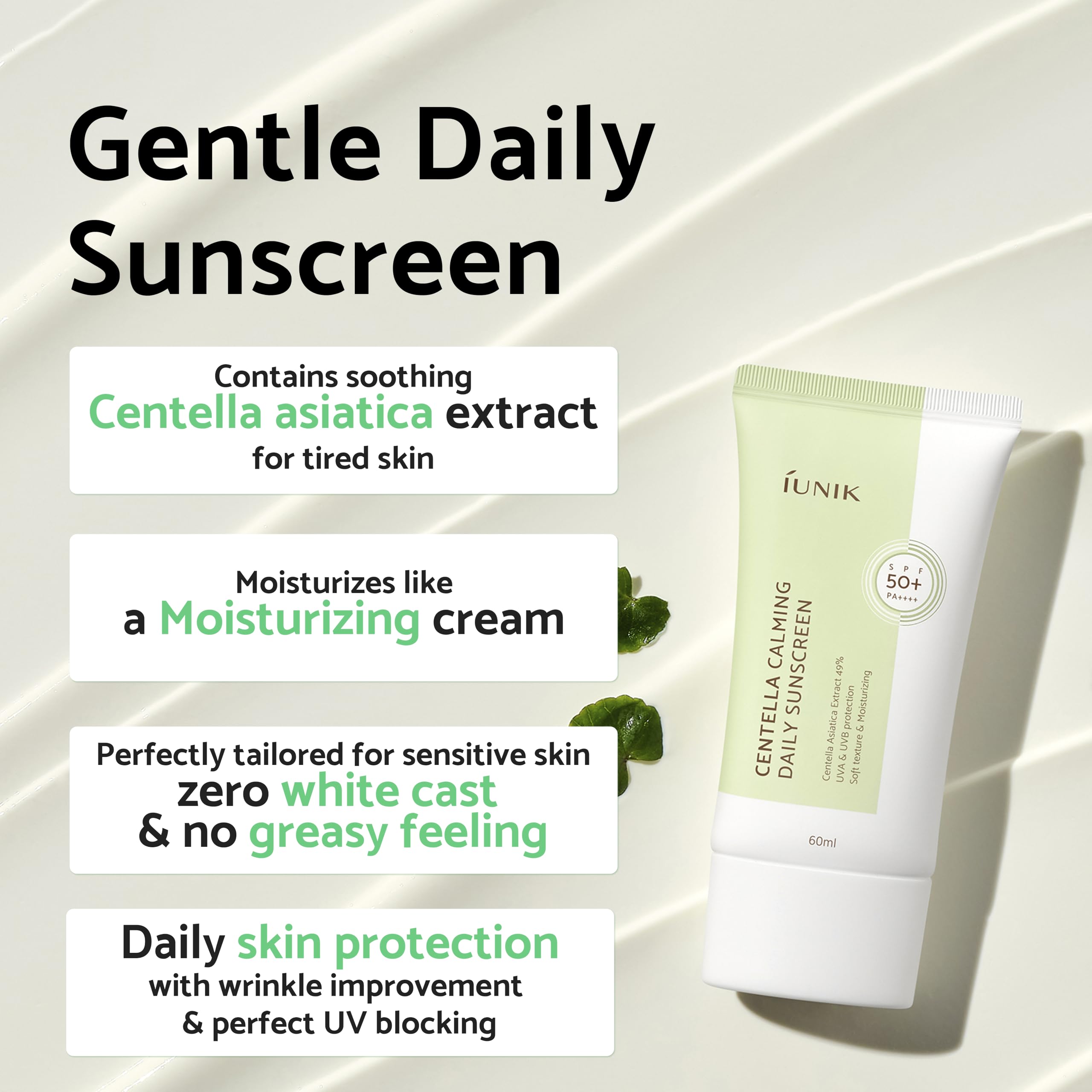 Buy now IUNIK Centella Calming Moisture Daily Sunscreen SPF 50+ PA++++ Matte & No White Cast Centella Asiatica Dry Oily Sensitive Vegan Korean Skincare at indiglob india