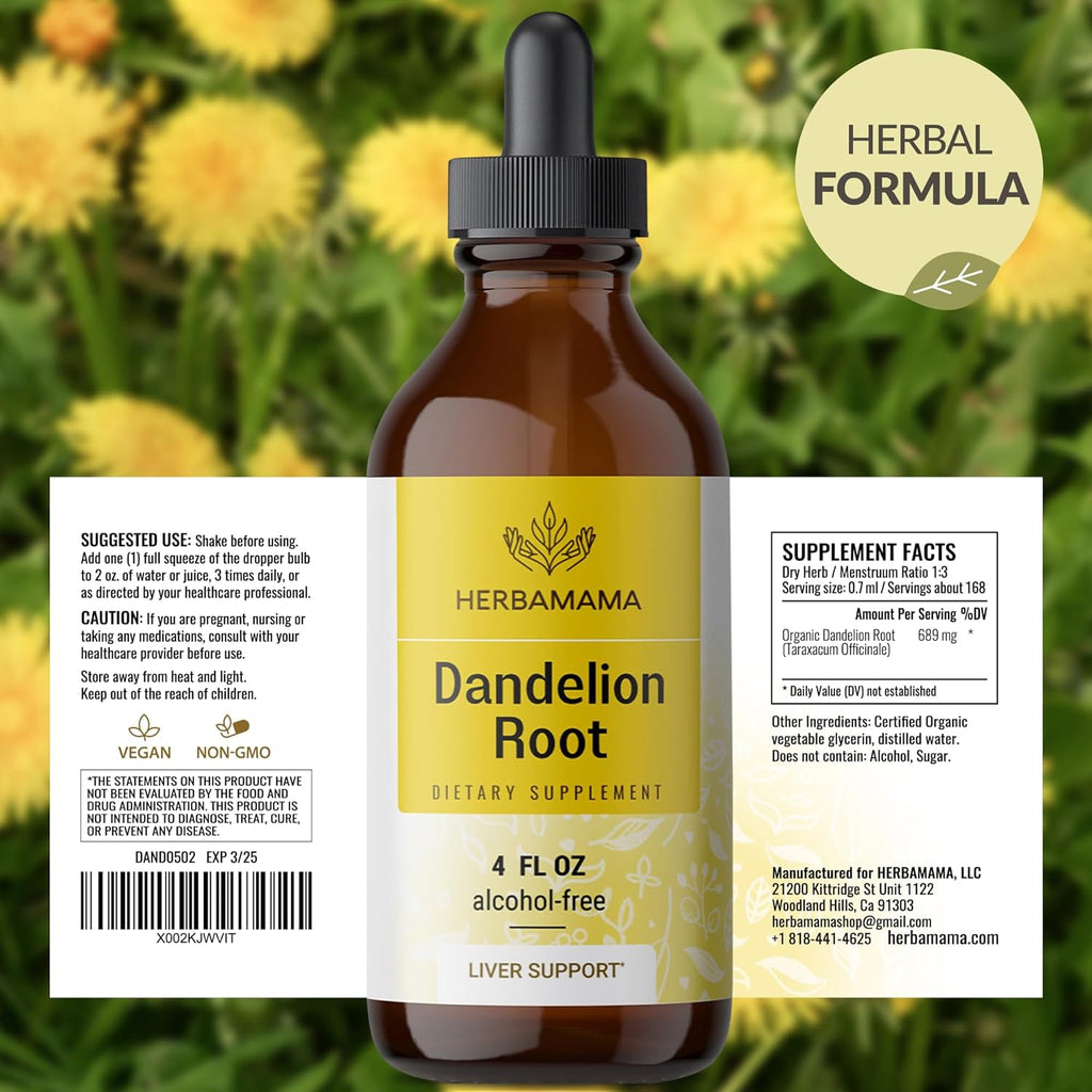 Buy now HERBAMAMA Dandelion Root Drops - Vegan Dandelion Root Extract for Liver Cleanse and Detox - Non-GMO, Alcohol & Sugar-Free Liquid Liver Support Supplement, 56-Day Supply at indiglob india