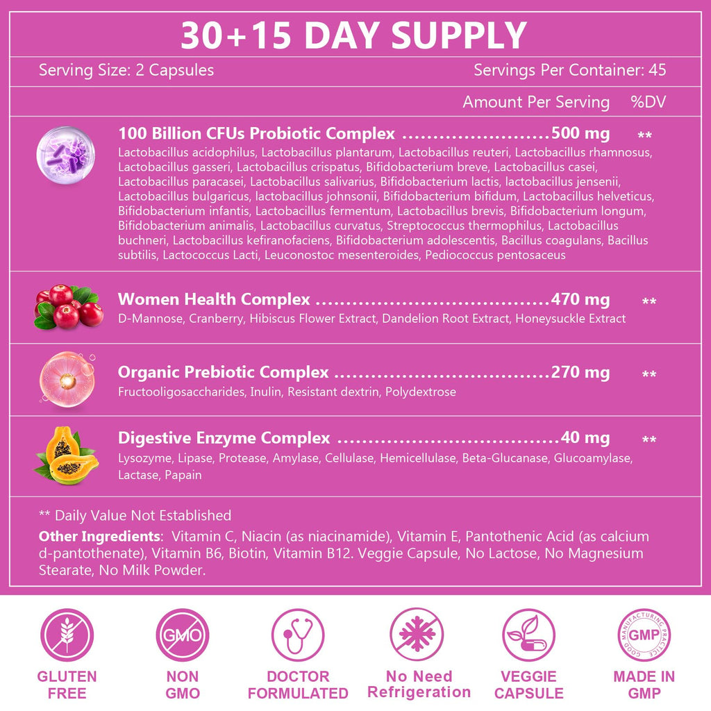 NATURE TARGET Probiotics for Women, 100 Billion CFU, 90 Veggie Capsules | Prebiotics & Enzymes Support Digestive Health & Gut Balance, With Cranberry For Vaginal & Urinary Tract Health, Shelf-Stable