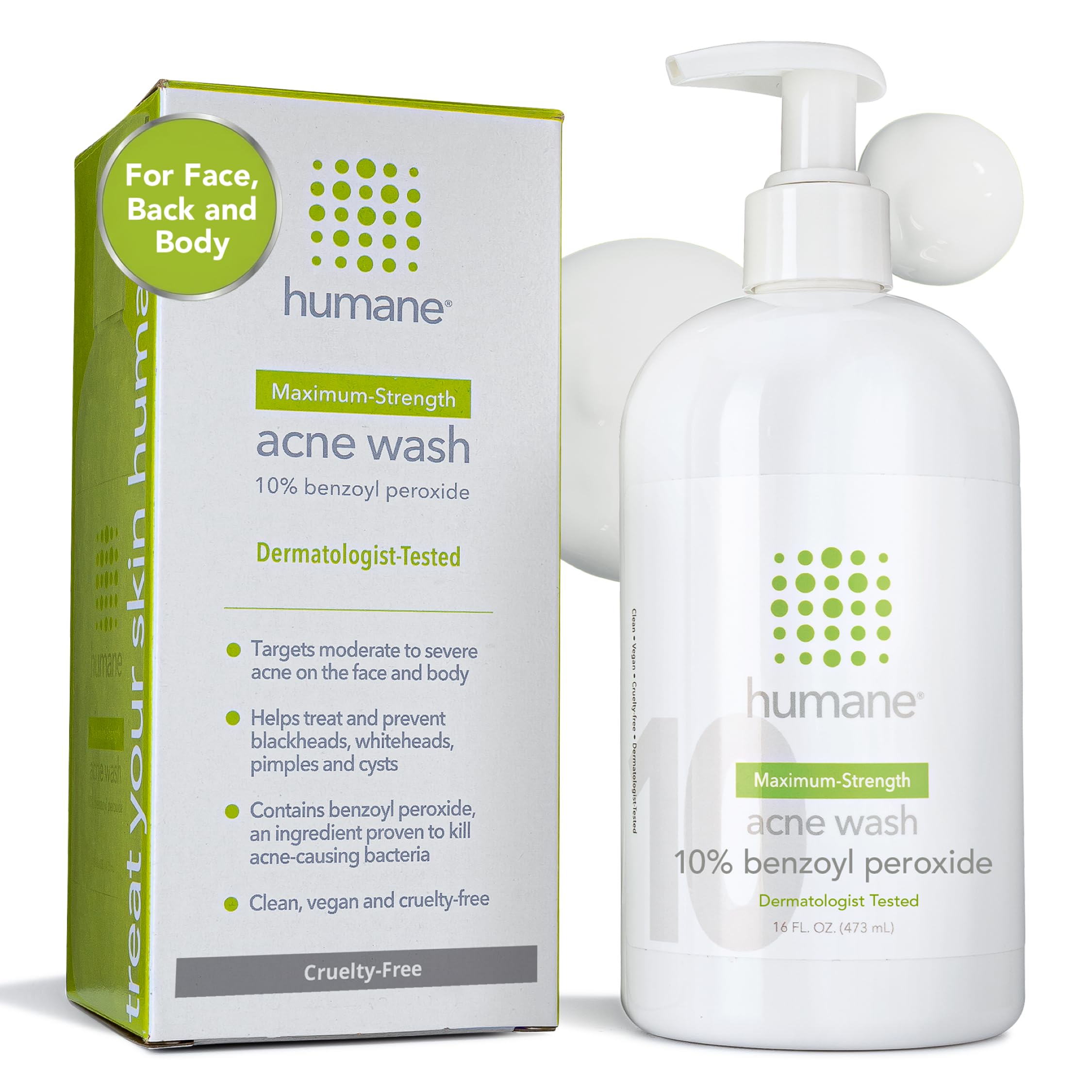 humane Benzoyl Peroxide Acne Body Wash - Non-Foaming - 10% Maximum-Strength | Vegan & Cruelty-Free Face, Skin, Butt, & Back Acne Treatment - Dermatologist-Tested Acne Face Wash Cleanser - 16 Fl Oz