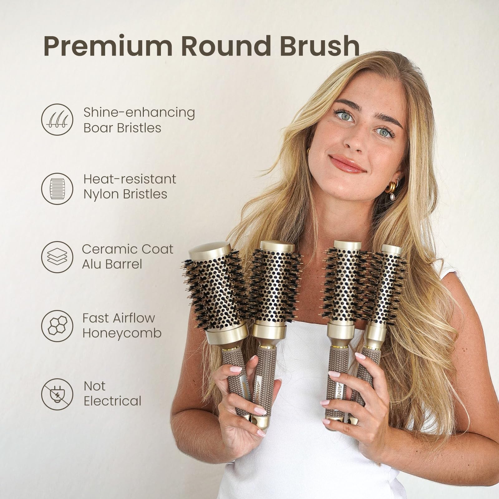 Buy now AIMIKE Round Hair Brush, Nano Thermal Ceramic & Ionic Tech, 2.1 Inch Barrel with Boar Bristles for Enhanced Texture, Golden, Hair Drying, Styling, Curling and Shine + 4 Free Clips at indiglob india