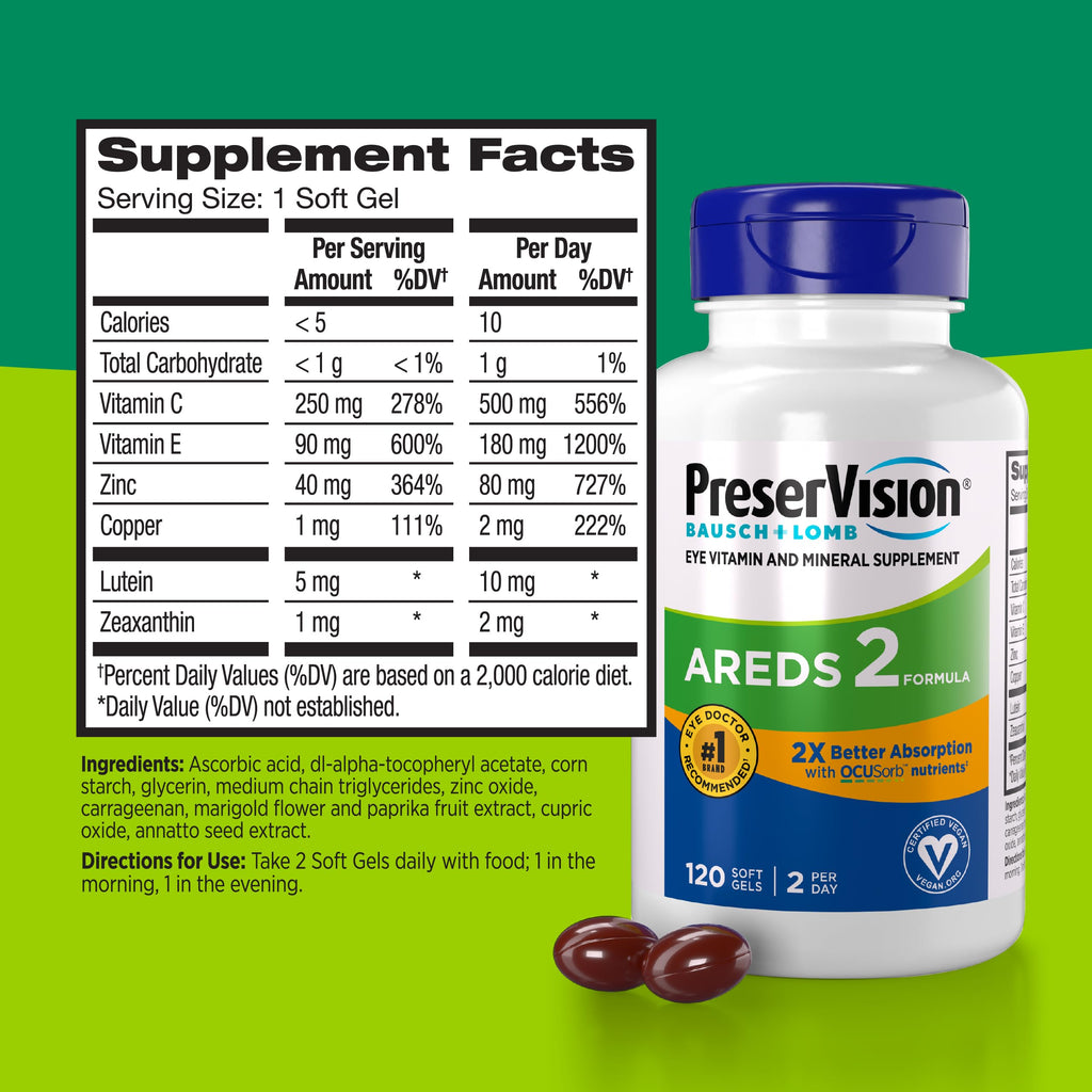 PreserVision AREDS 2 Eye Vitamins OCUSorb Formula, 120 Softgels | Lutein & zeaxanthin, macular support* Vitamins, vegan soft gels, Vitamin C, E, Zinc, Copper, eye health for adults