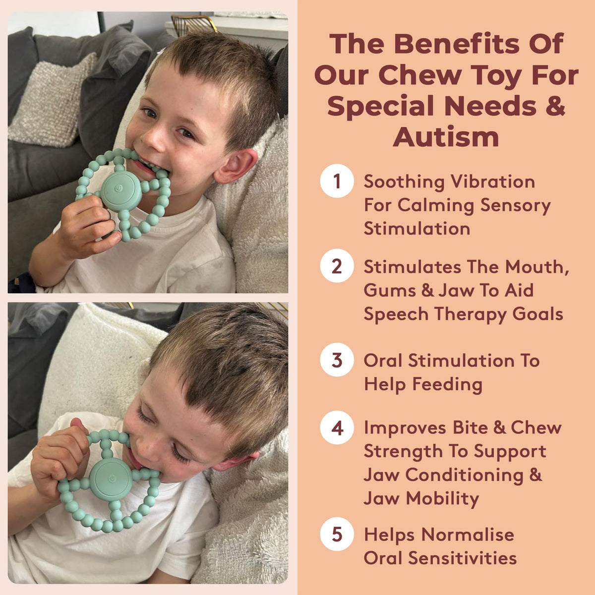 Vibrating Sensory Chew Toy - Superior Sensory Experience to Standard Autism Chew Toys. USB Chargeable. 3X Vibration Settings. Sensory Chew Toys for Autistic Children & Vibrating Teether for Baby