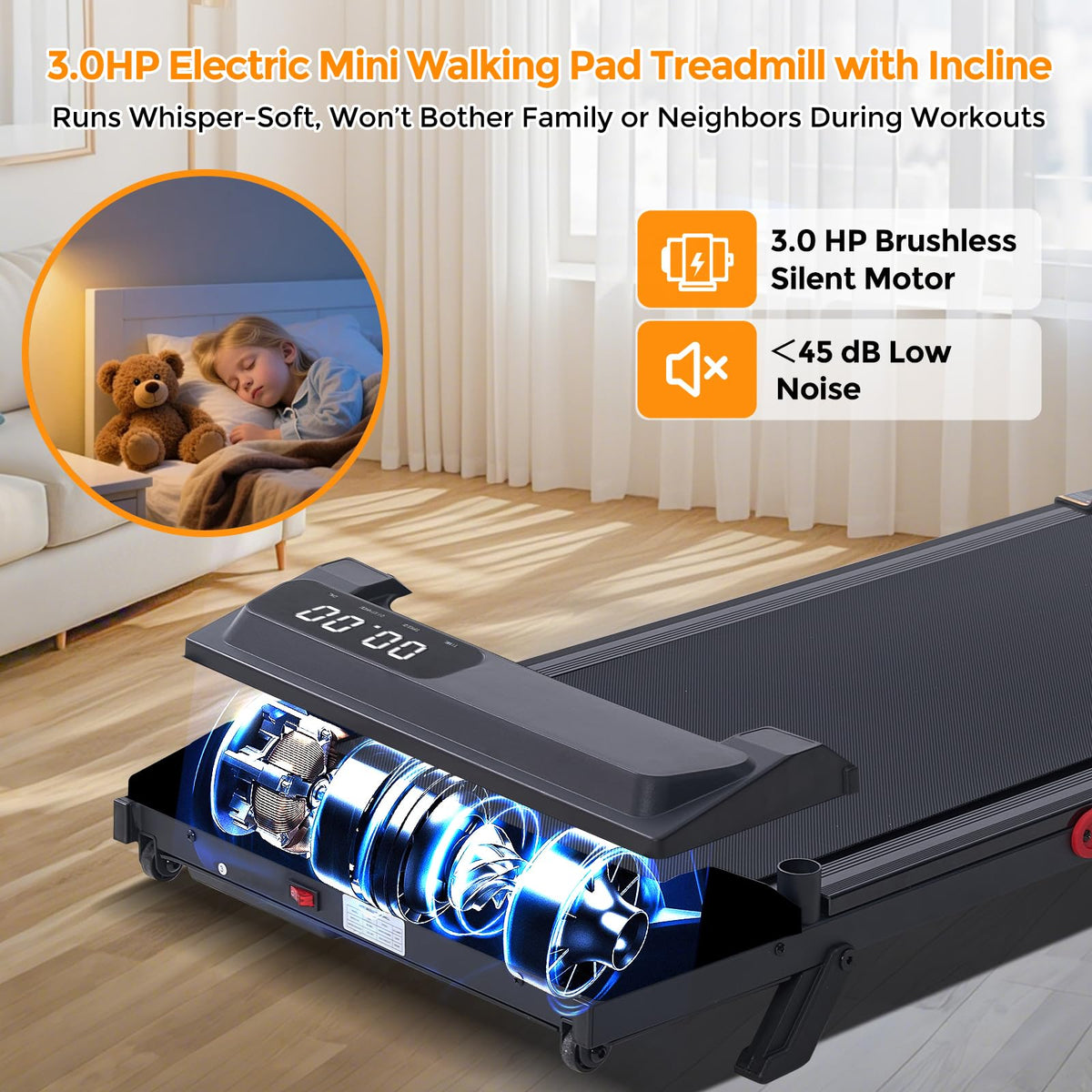 KASSADIN Electric Walking Pad Treadmill with Handle Bar Incline for Home