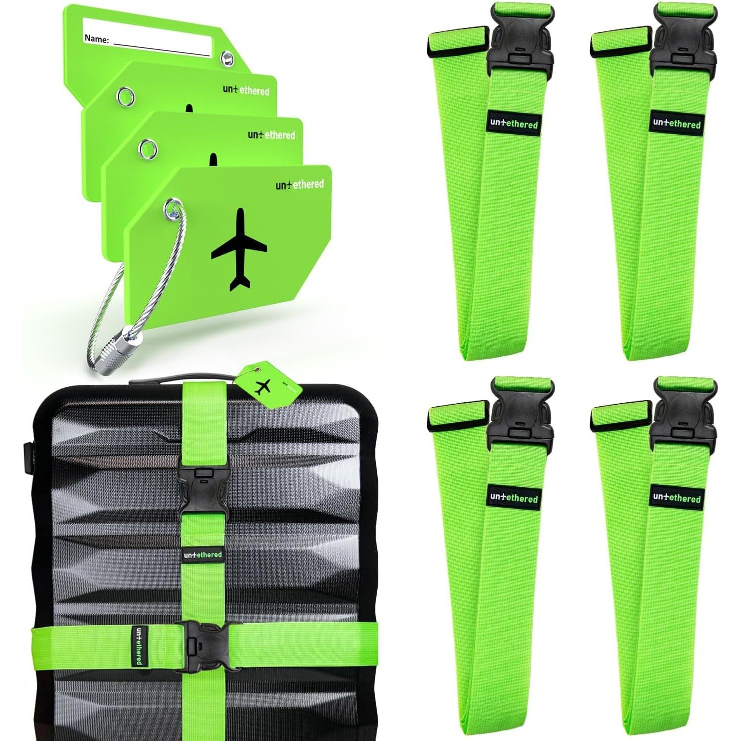 Buy now Untethered Luggage Straps | TSA-Approved Suitcase Belts with Heavy-Duty Buckles. Secure Adjustable Travel Accessories for Checked Bags. 4-Pack Green Straps + Tags at indiglob india