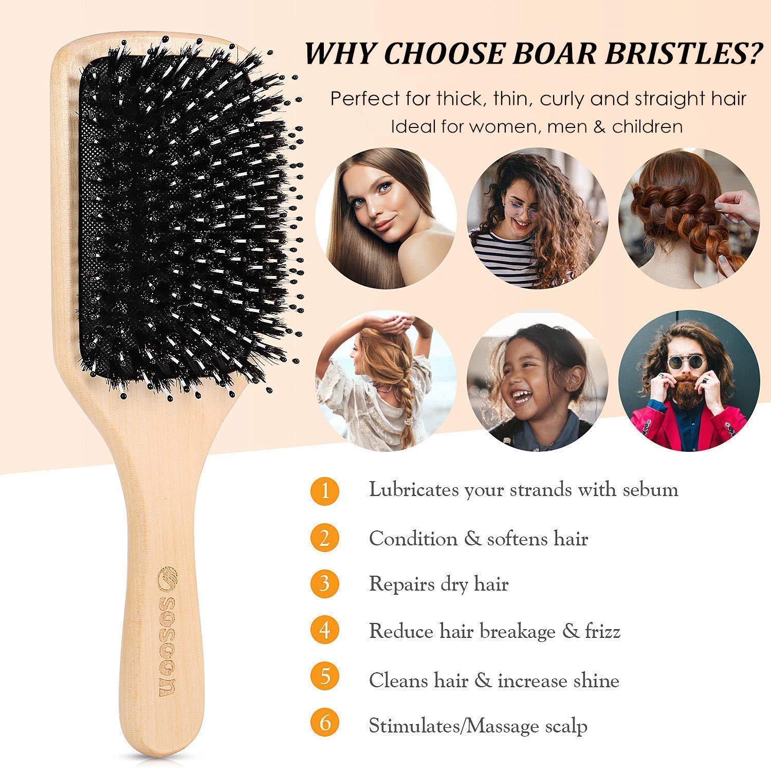 Buy now Hair Brush, 2 Pack Boar Bristle Paddle Hairbrush for Women Men Kids Reducing Frizzy, No More Tangle, Small Travel Brush Tail Comb & Giftbox Included at indiglob india