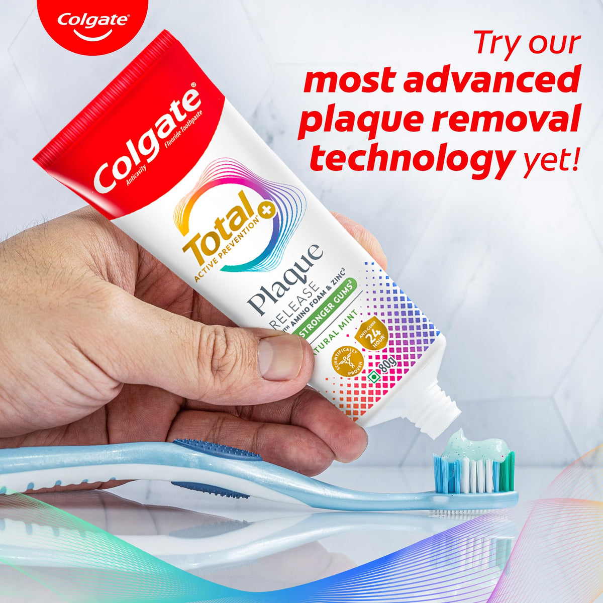 Colgate Total Plaque Release Toothpaste | Tooth Paste with Amino Foam & Zinc | Colgate Paste Toothpaste for Stronger Gums | 3X More Effective at Fighting Plaque - Natural Mint (80gm)(2.8 Ounce)