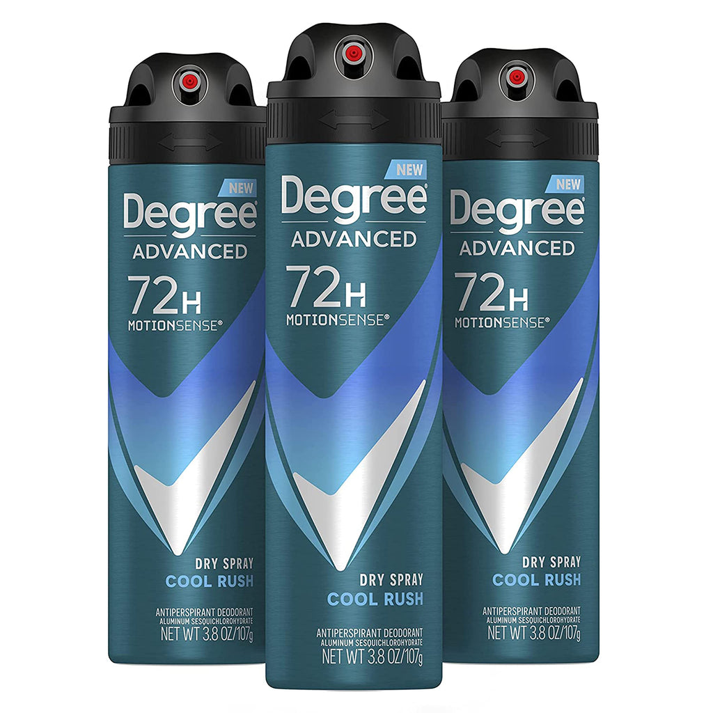 Degree Antiperspirant Deodorant Dry Spray Cool Rush 3.8 oz 3 Count | 72-Hour Sweat and Odor Protection For Men With Body Heat Activated® Technology