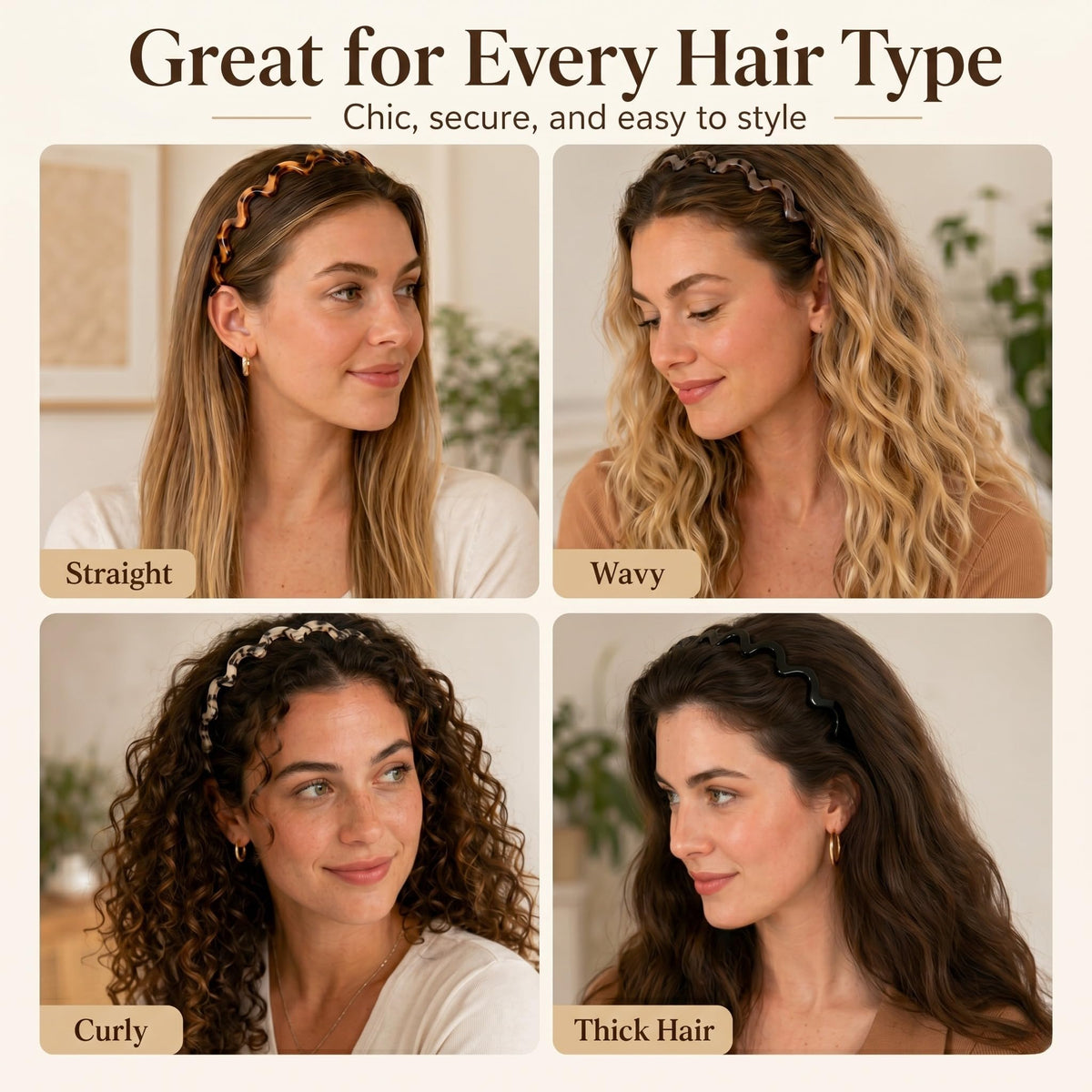 5 Pcs Zig Zag Headbands for Women, Non Slip Plastic Wavy Headband with Teeth, Flexible Comb Hair Bands for Thick Curly Thin Hair, Retro 90s Y2K Hair Accessories Set