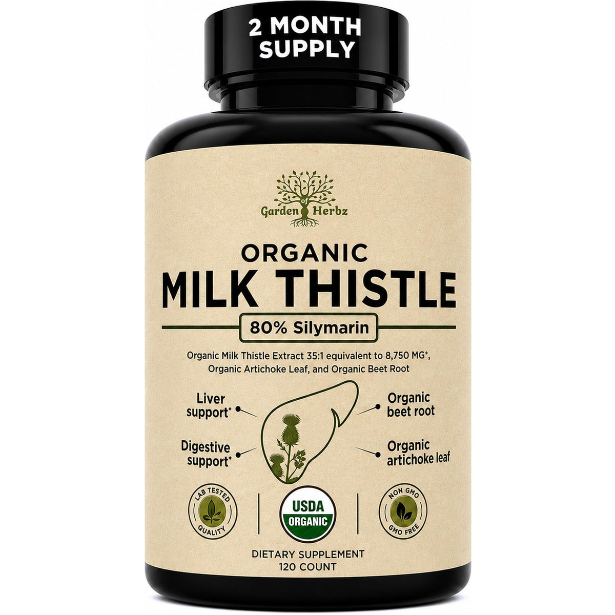 USDA Organic Milk Thistle Supplement Capsules - Liver Detox, 120 Count