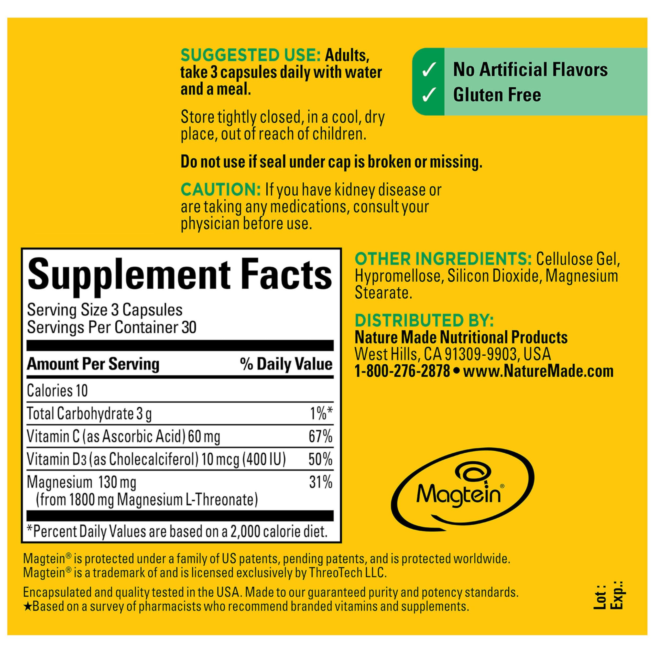 Nature Made Magnesium L-Threonate with Vitamin C & Vitamin D3, 90 Capsules | Provides 130 mg of Mag from 1800 mg Magnesium L Threonate, Cognitive Support Magnesium Supplement, 30 Day Supply