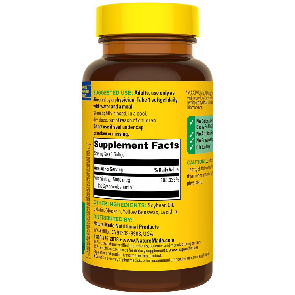 Nature Made Maximum Strength Vitamin B12 5000 mcg Softgels, 60 Softgels | Energy Metabolism Support Supplement for Men and Women, Helps Reduce Fatigue for Those Low in Vitamin B12, 60 Day Supply