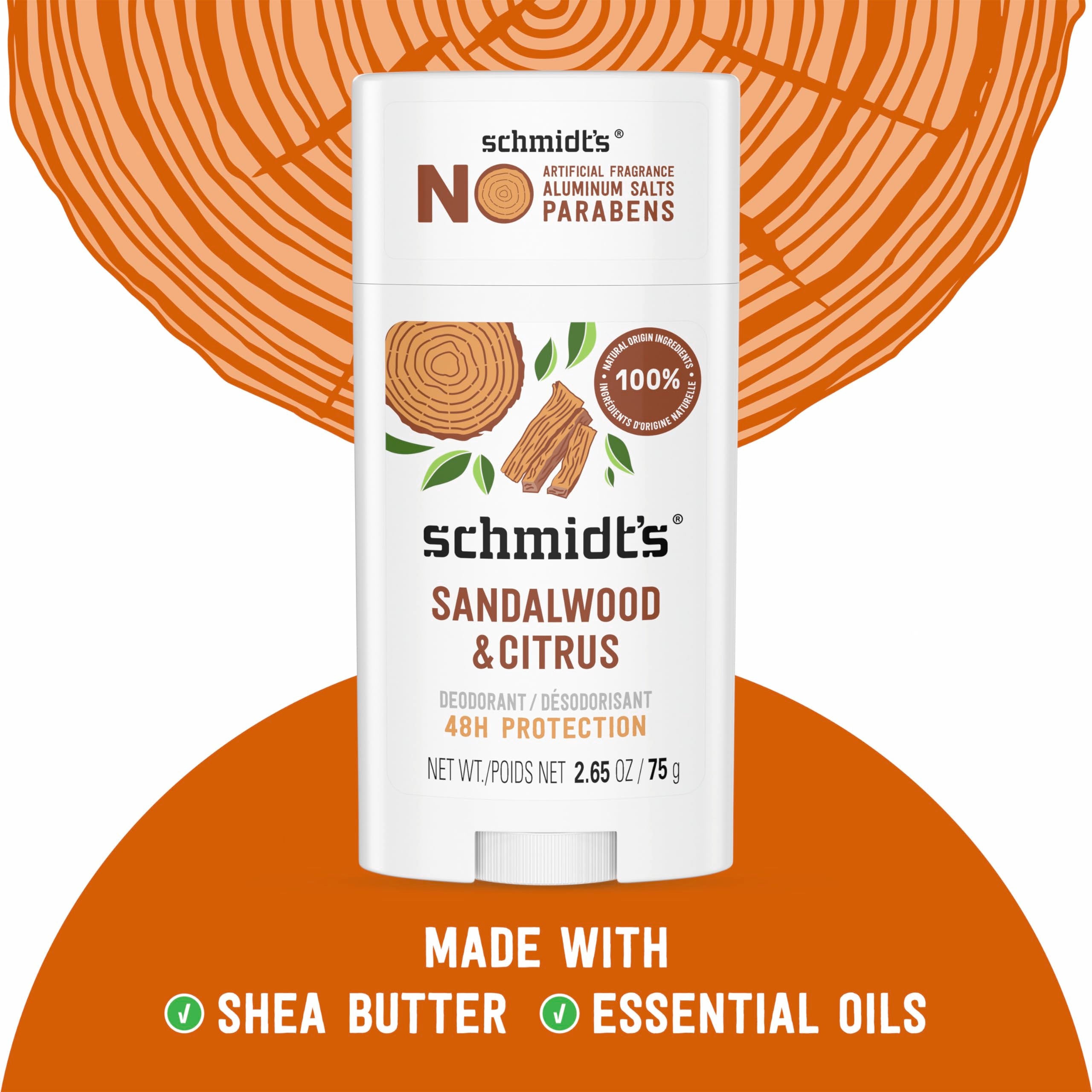 Schmidt's Aluminum Free Natural Deodorant Sandalwood & Citrus 2.65 oz 2 ct | 24 Hour Odor Protection for Women and Men. With Natural Ingredients. Cruelty-Free