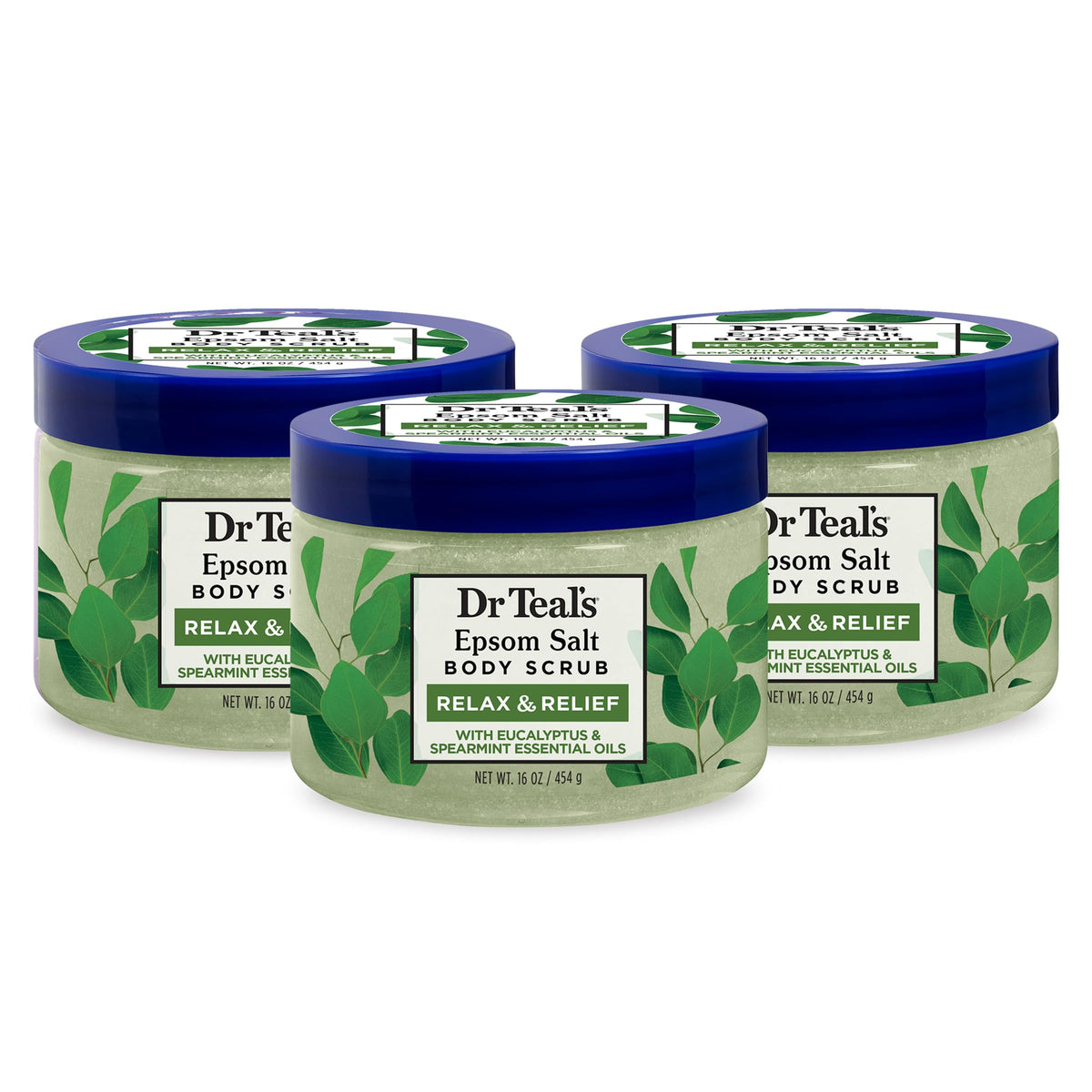Dr Teal's Pure Epsom Salt Body Scrub, Relax & Relief with Eucalyptus & Spearmint Essential Oils, 16 oz (Pack of 3)