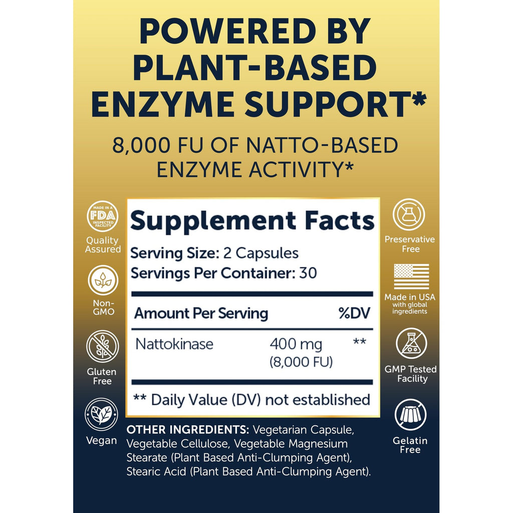 Lunakai USA Made Nattokinase Supplement – 400mg Natto Enzyme, 8000 FU per Serving – Heart & Circulation Support – Non-GMO, 60ct, 4000 FU Capsule