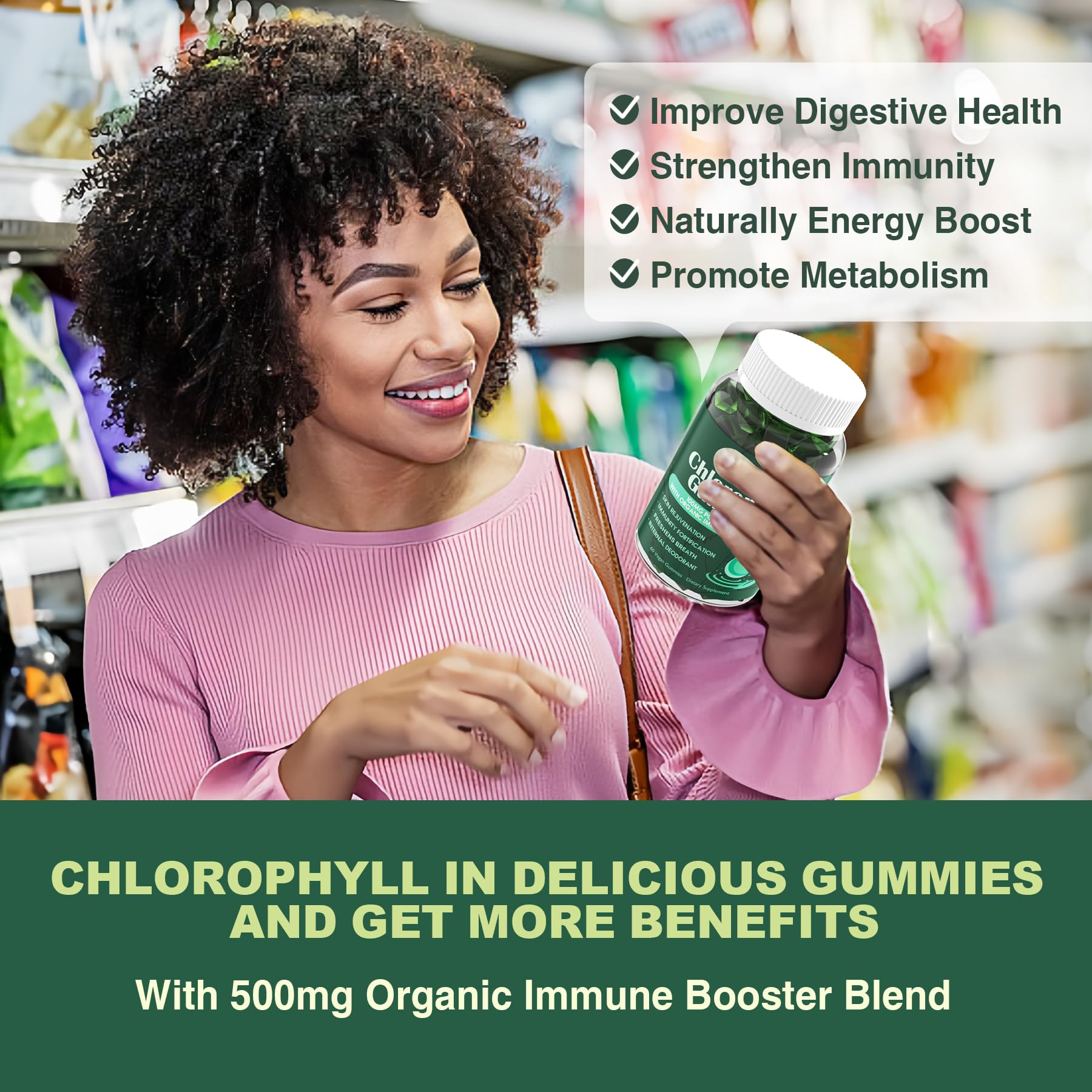 Chlorophyll Gummies - Super Green with Wheat Grass, Sea Moss, Unfiltered ACV & Elderberry, Echinacea, Zinc Complex & Vitamin D3, C, E, B12 for Natural Deodorant, Immune & Digestion Support, 60 Chews