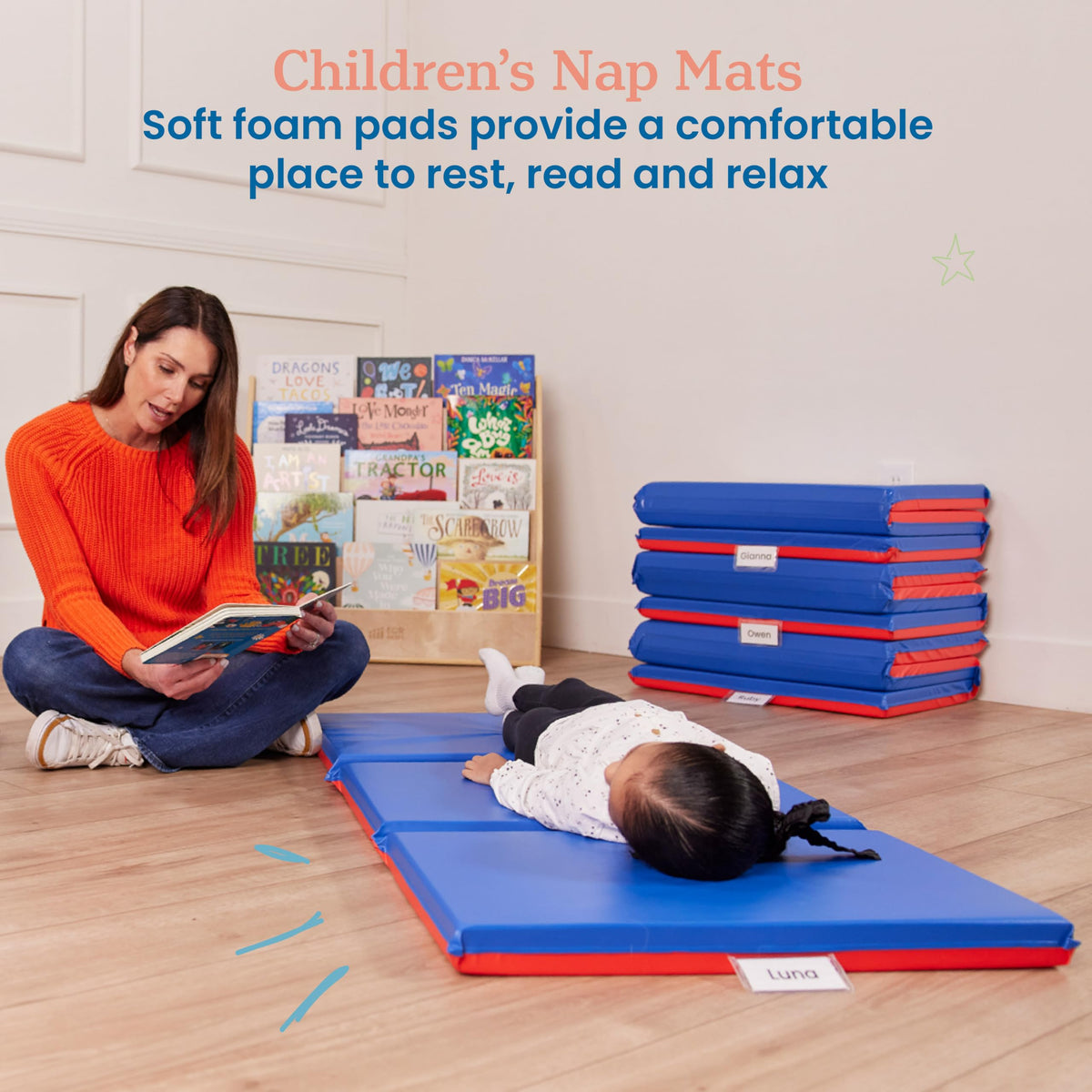 ECR4Kids Premium Folding Rest Mat, 3-Section, 2in, Sleeping Pad, Blue/Red