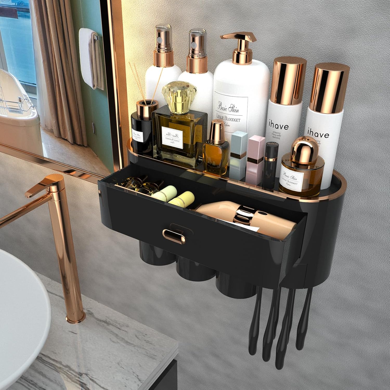 Buy now iHave Toothbrush Holders for Bathrooms, 4 Cups Toothbrush Holder Wall Mounted with Toothpaste Dispenser - Large Capacity Tray, 2 Cosmetic Drawer - Bathroom Organizer & Bathroom Accessories Set 3 cup New!-black Gold at indiglob india
