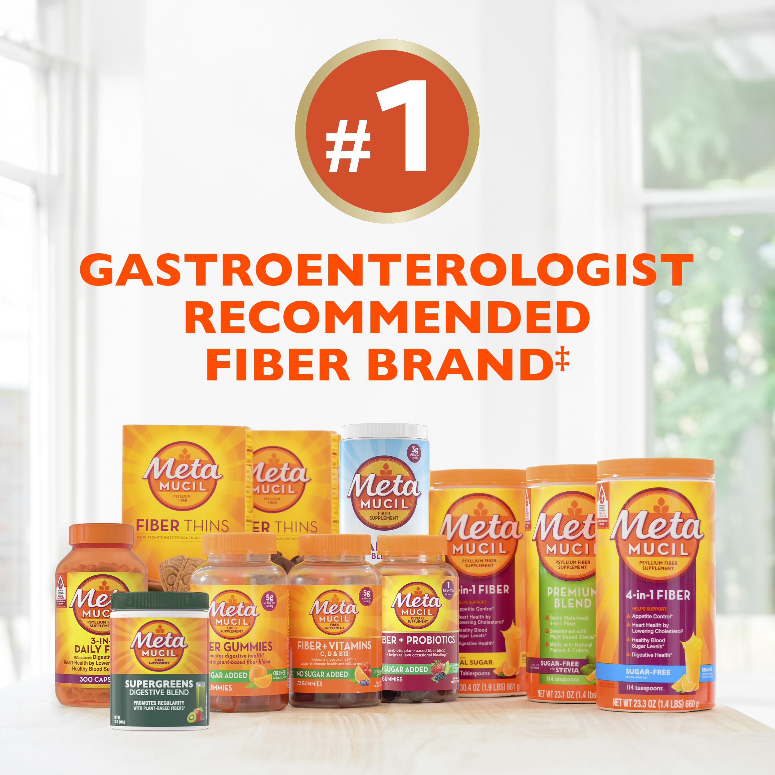 Metamucil 4-in-1 Psyllium Husk GLP-1 Friendly Fiber Supplement, Sugar-Free, 180 teaspoons, Orange Flavored, Daily Fiber Powder for Digestive Health, made with Plant-Based Psyllium Husk Fiber