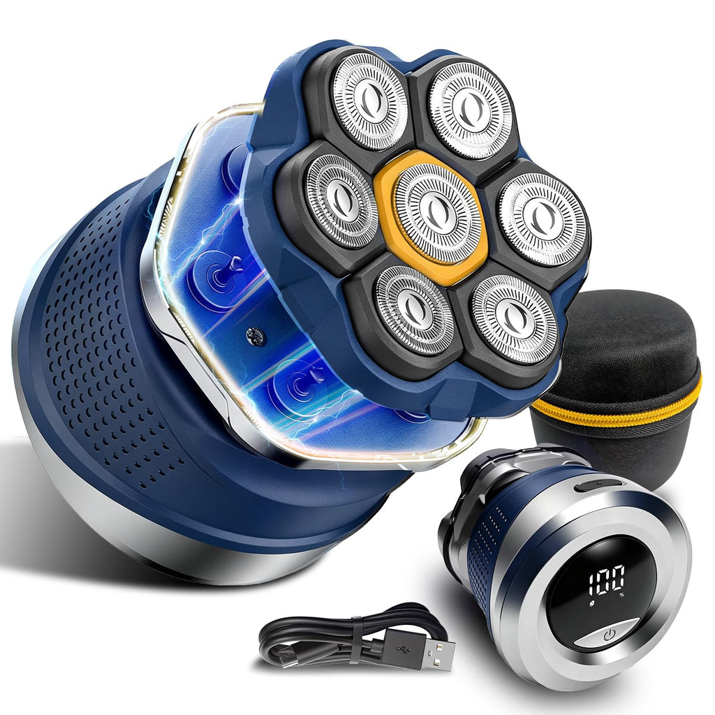 Men's Electric Rotary Shavers Bald，2026 Upgrade 7D Floating Electric Shaver with LED Display,IPX6 Waterproof,Type-C Fast Charge, Magnetic Heads, Travel Case - Ideal Men's Grooming Gift (Blue)