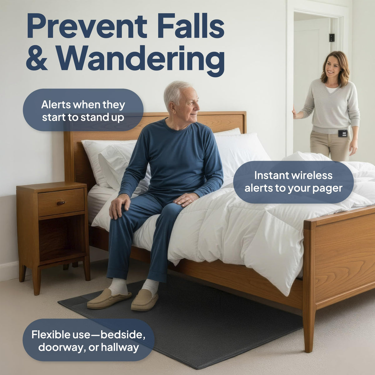Smart Caregiver Floor Mat Alarm and Pager System - Includes Wireless Pager that Alerts When Someone Steps on the Durable 24in x 48in Floor Mat Sensor