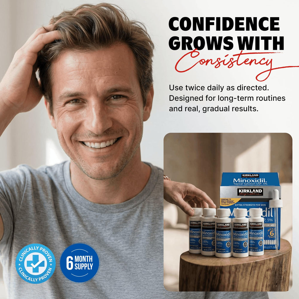 Minoxidil Liquid Extra Strength Hair Regrowth Treatment for Men, 5% Topical Solution, 6 Months Supply - Dropper Applicator and Bonus Free Instructional Guide Included
