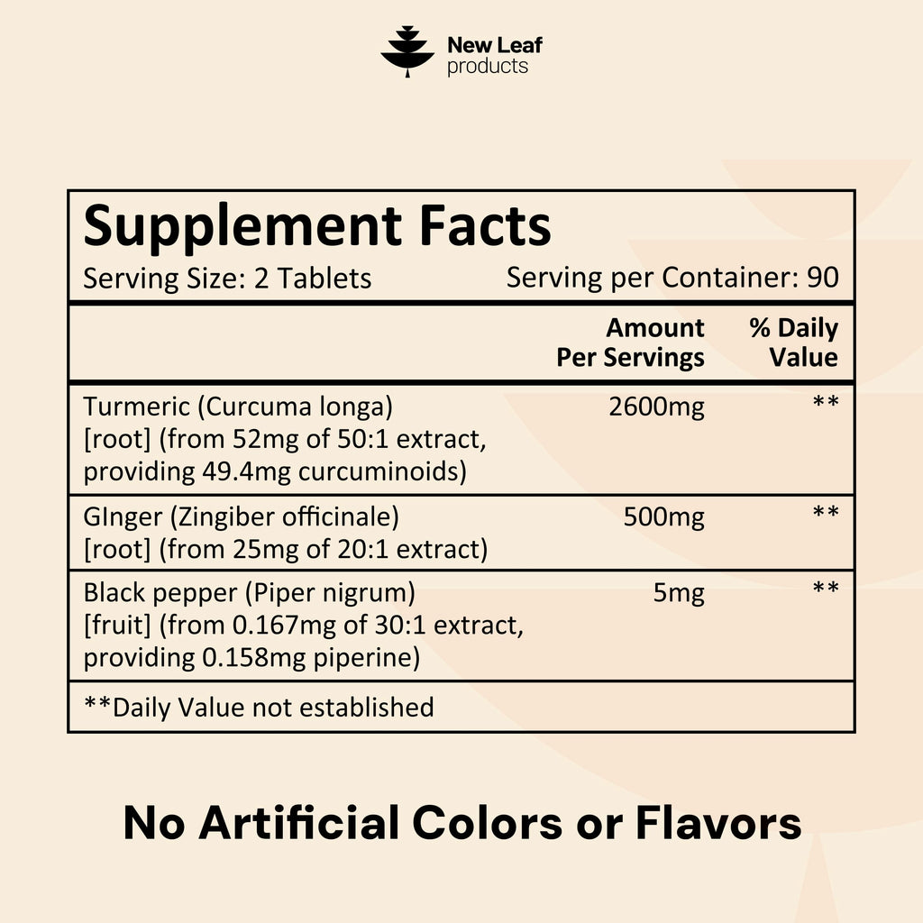 Turmeric Tablets with Black Pepper & Ginger - Curcumin - 180 Turmeric and Black Pepper Tablets (3 Month) High Strength Active Turmeric Supplements Not Capsules, by New Leaf