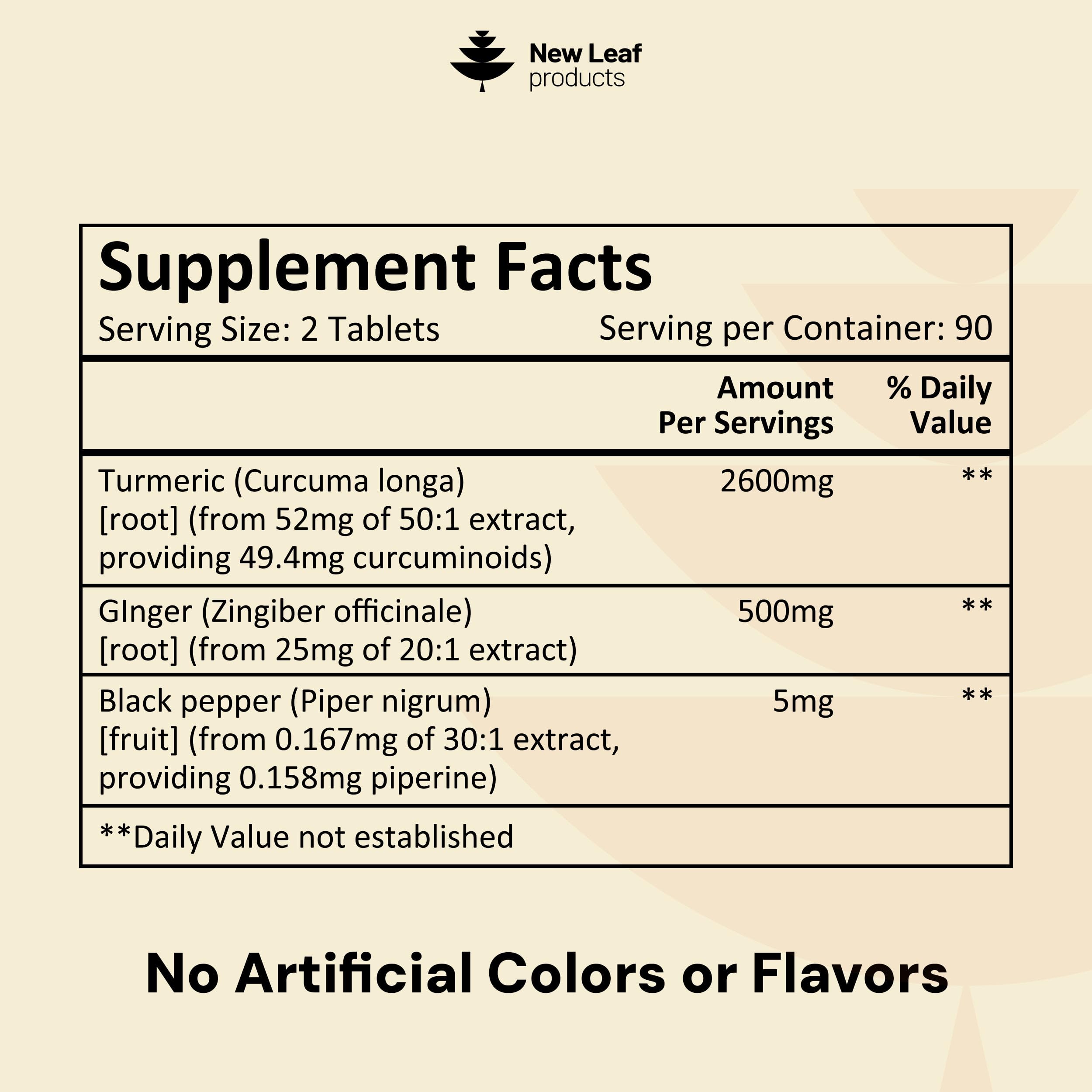 Turmeric Tablets with Black Pepper & Ginger - Curcumin - 180 Turmeric and Black Pepper Tablets (3 Month) High Strength Active Turmeric Supplements Not Capsules, by New Leaf