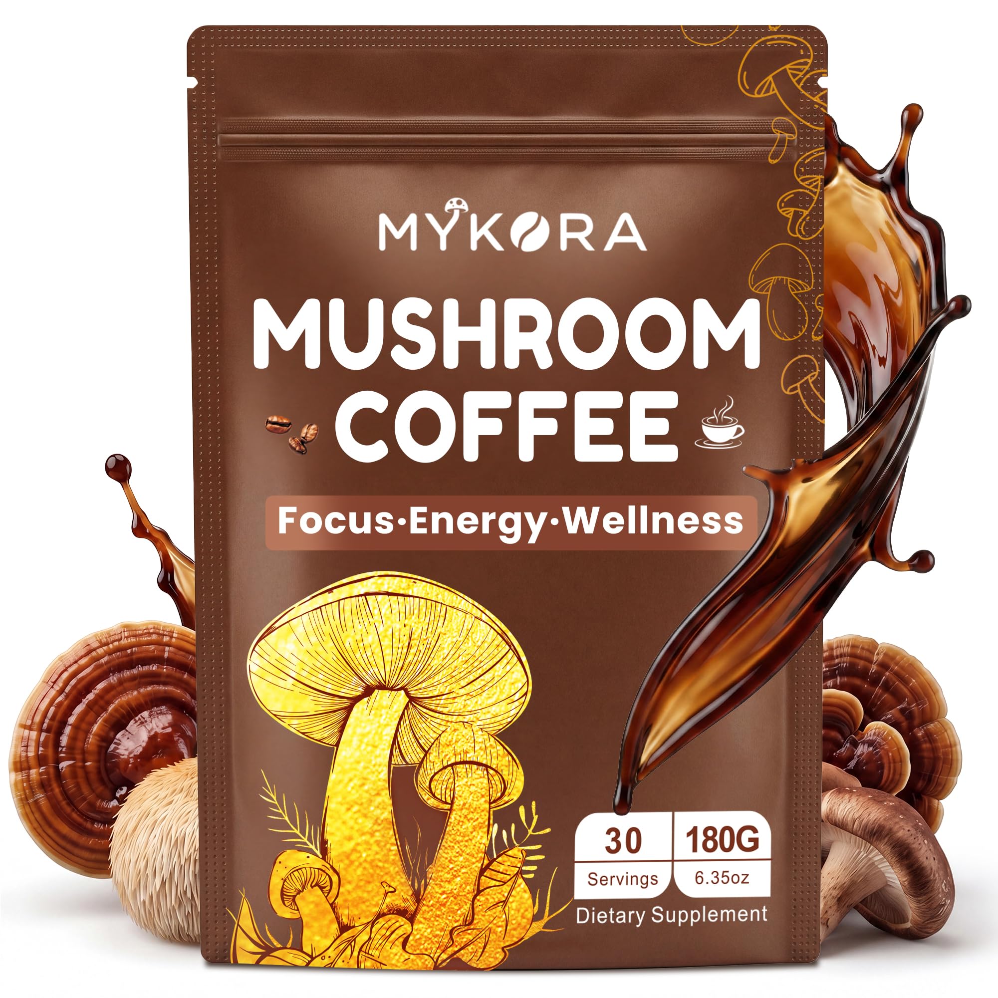 Mushroom Coffee, 2000mg Organic Instant Coffee with 6 Adaptogenic Mushrooms (Lion’s Mane & Turkey Tail), with MCT Oil & Coconut, for Focus, Energy, Digestion & Immune Support, 30 Servings