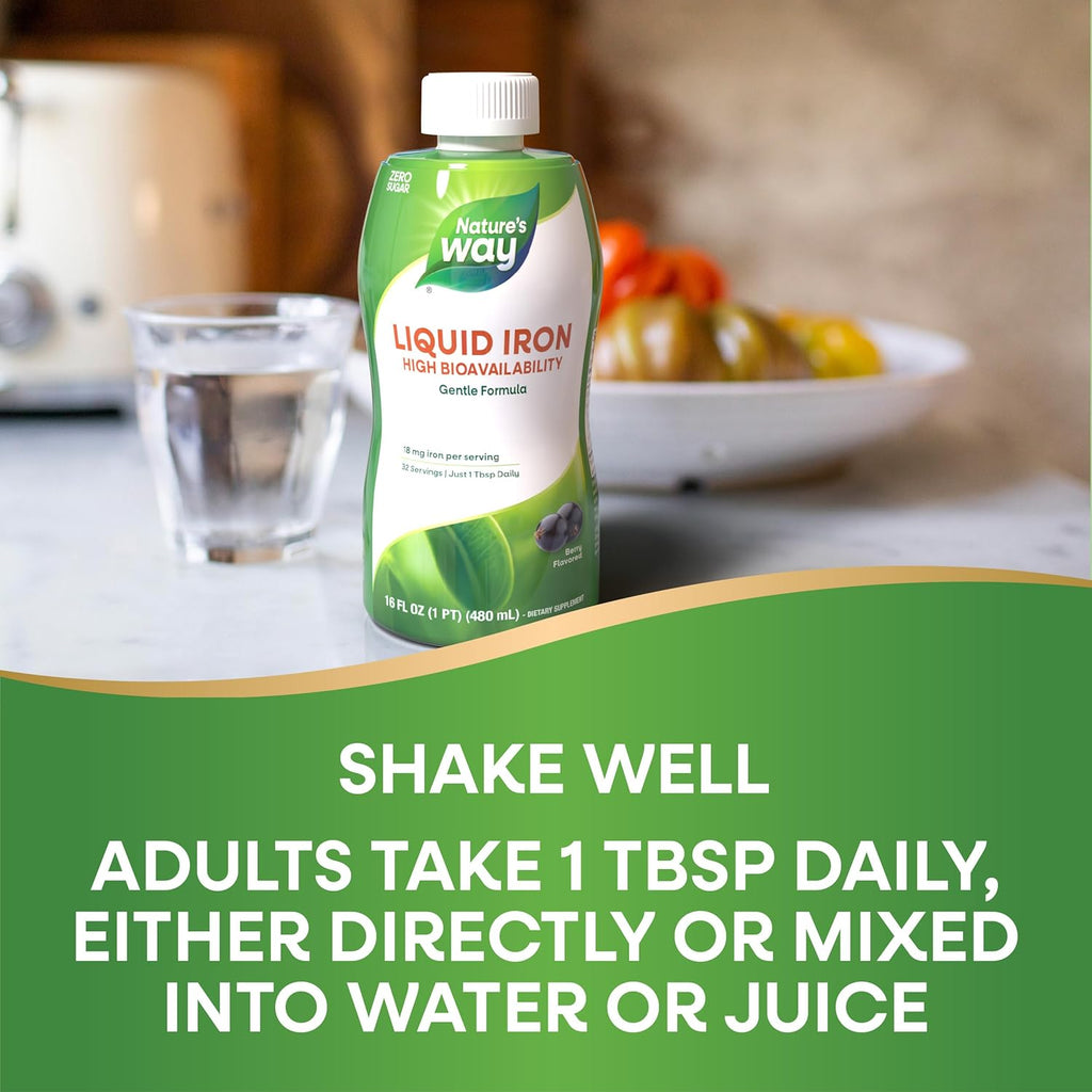 Buy now Nature's Way Liquid Iron, 100% Daily Value, 18 mg Iron as Ferric Glycinate per Serving, No Sugar Added, Berry Flavored, 16 Fl Oz (Packaging May Vary) at indiglob india