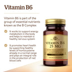 Solgar Vitamin B6 25 mg, 100 Tablets - Supports Energy Metabolism | Heart Health & Healthy Nervous System - B Complex Supplement - Vegan, Gluten Free, Dairy Free, Kosher - 100 Servings