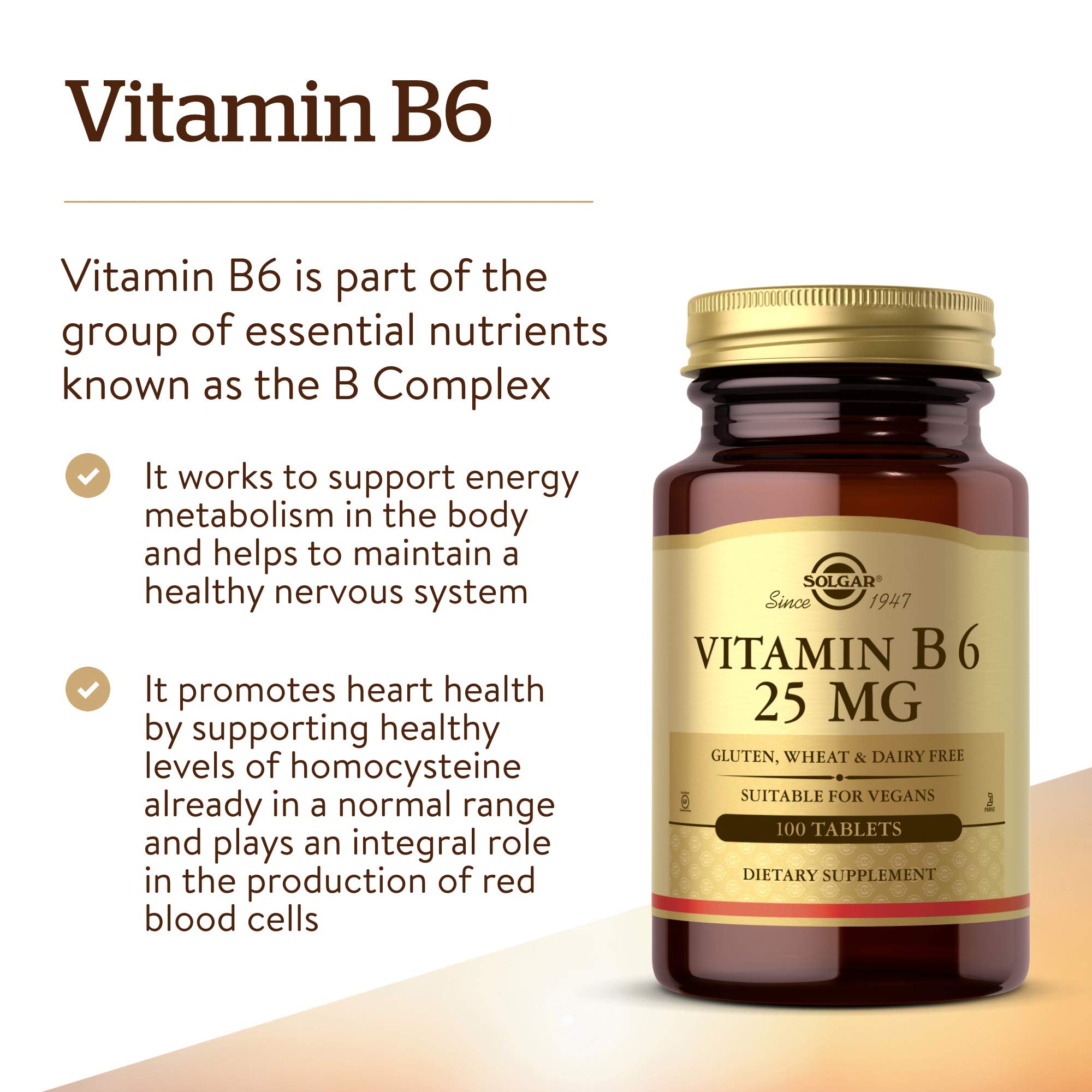 Solgar Vitamin B6 25 mg, 100 Tablets - Supports Energy Metabolism | Heart Health & Healthy Nervous System - B Complex Supplement - Vegan, Gluten Free, Dairy Free, Kosher - 100 Servings