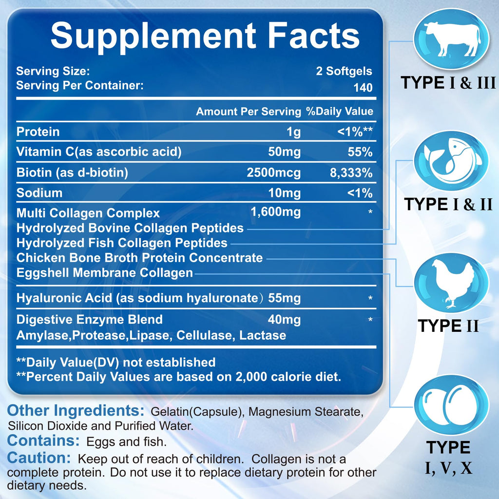 Multi Collagen Peptides for Women & Men-Type I, II, III, V, X | Hydrolyzed Collagen Peptides- with Hyaluronic Acid,Vitamin C,Biotin,Supports Skin Hair Nail, Non-GMO,280 Softgels