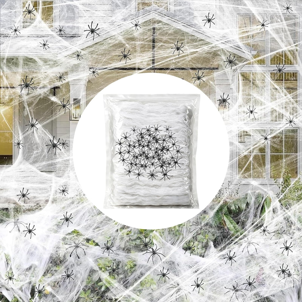 Famoby 1200 sqft Halloween Spider Webs and 50pcs Fake Spiders Super Stretch Cobwebs Party Decorate for Halloween Theme Indoor and Outdoor Decoration