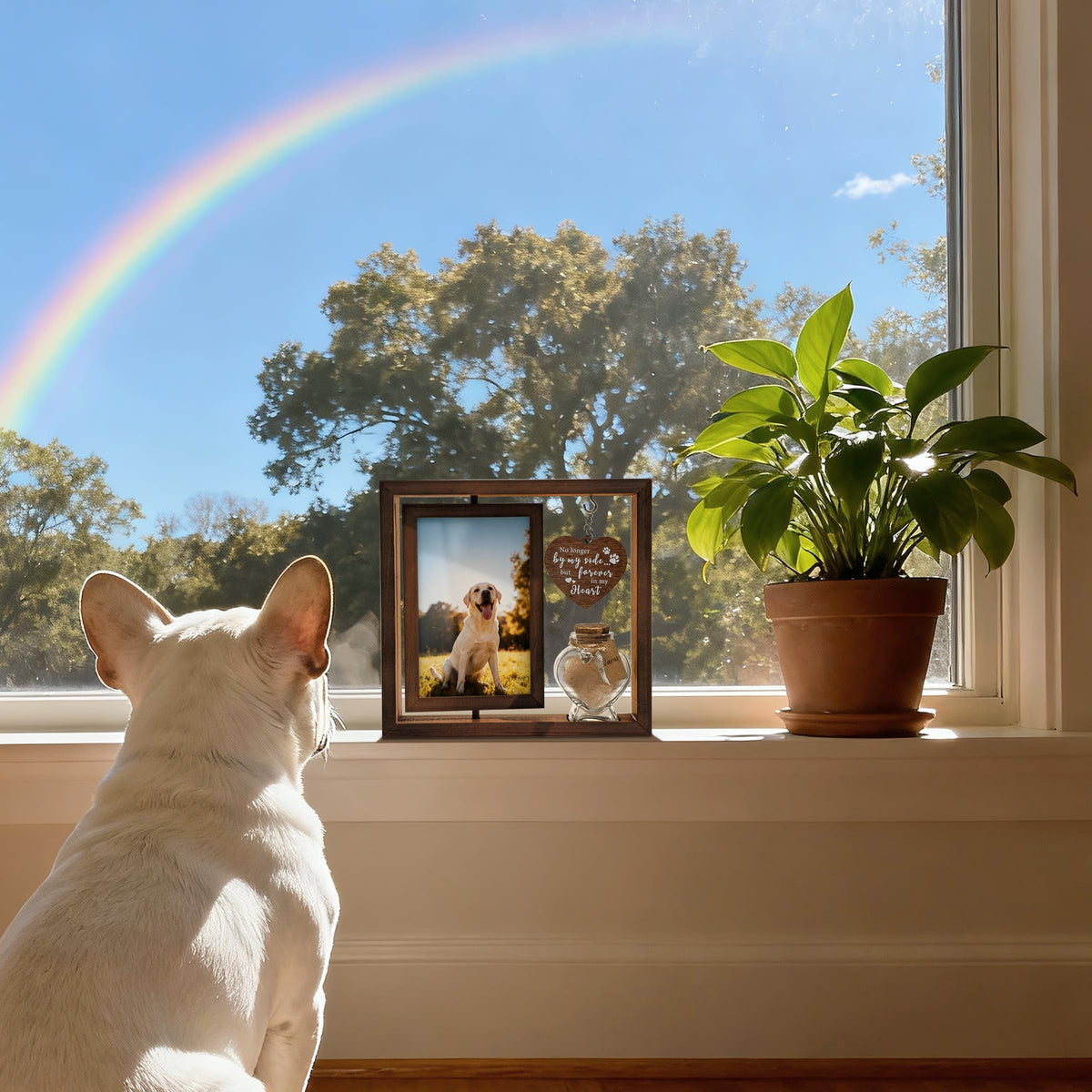 Dog Memorial Gifts for Loss of Pet - Rotating Wooden Frame for 4x6 Photo & Fur Hair Jar - Sympathy Gift for Pet Bereavement, Remembrance Keepsake - Rainbow Bridge Gift for Dog Lovers & Cat Lovers