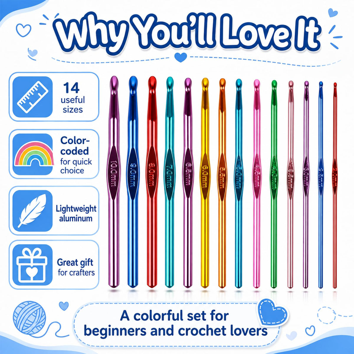 Crochet Hooks Set, Aluminum Handle Knitting Needles for Arthritic Hands, Crochet Needles for Yarn Craft, Nice Gift for Women