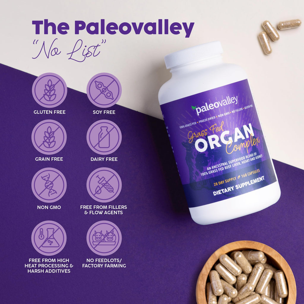 Paleovalley 100% Grass Fed Organ Complex, Beef Liver, Heart and Kidney | Whole Food Multivitamin, Vitamin B12 Supplement, Nutrient Dense Superfood, Freeze Dried, Pasture Raised, Ancestral Nutrition