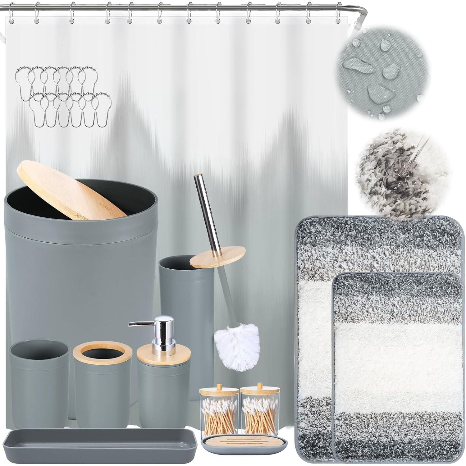 Buy now iMucci 9Pcs Black Bathroom Accessories Set with Trash Can Bathroom Set Black Bathroom Accessories Bathroom Decor Bath Set+Shower Curtain+Bath Rug Grey at indiglob india
